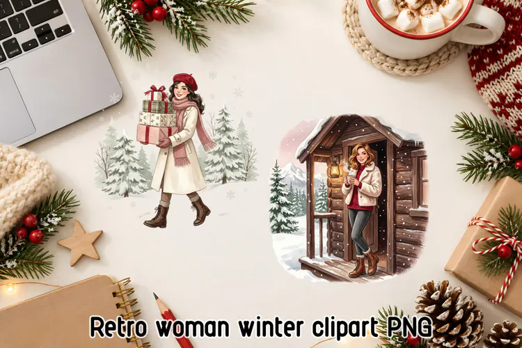 Retro Cozy Winter Woman Clipart PNG