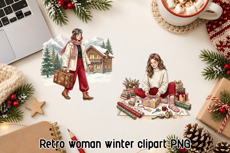 Retro Winter Getaway Woman Clipart PNG example image 1