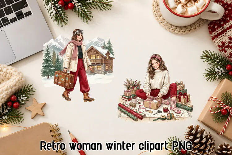 Retro Winter Getaway Woman Clipart PNG
