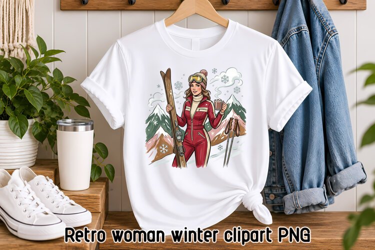 Retro Ski Woman Winter Clipart PNG example image 1