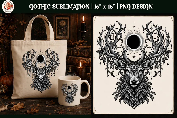 Gothic deer sublimation PNG.Gothic Celestial Deer PNG Design