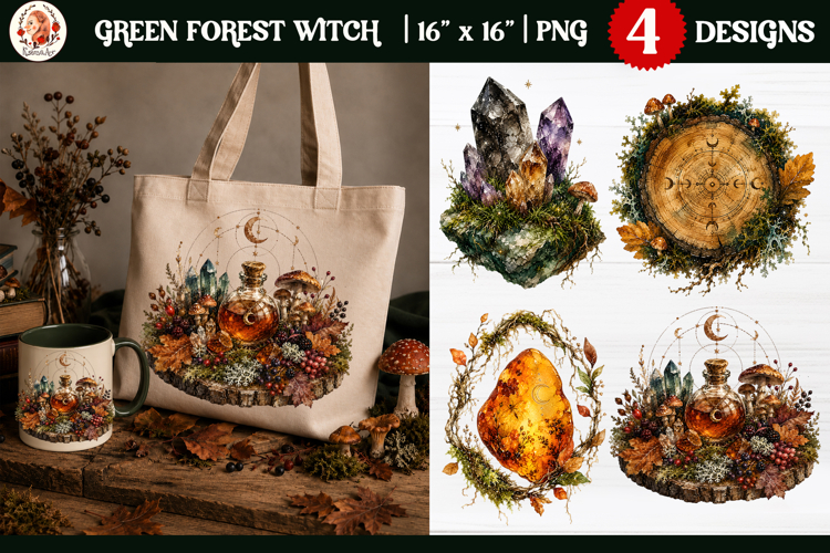 Green Forest Witch mystical autumn watercolor PNG