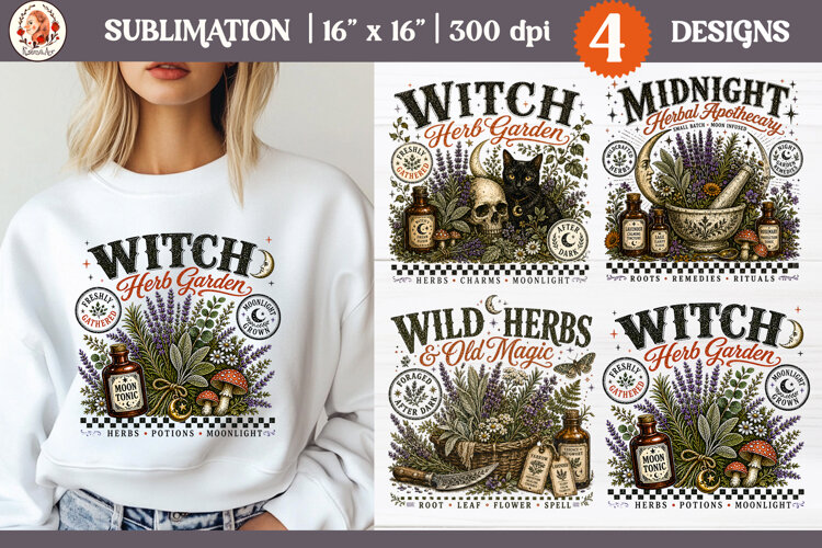 Witch Herb Garden| Vintage botanical green witch designs PNG example image 1