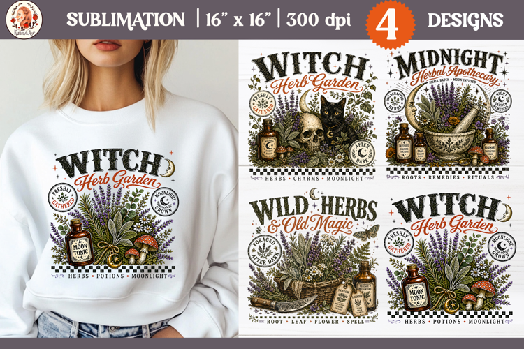 Witch Herb Garden| Vintage botanical green witch designs PNG