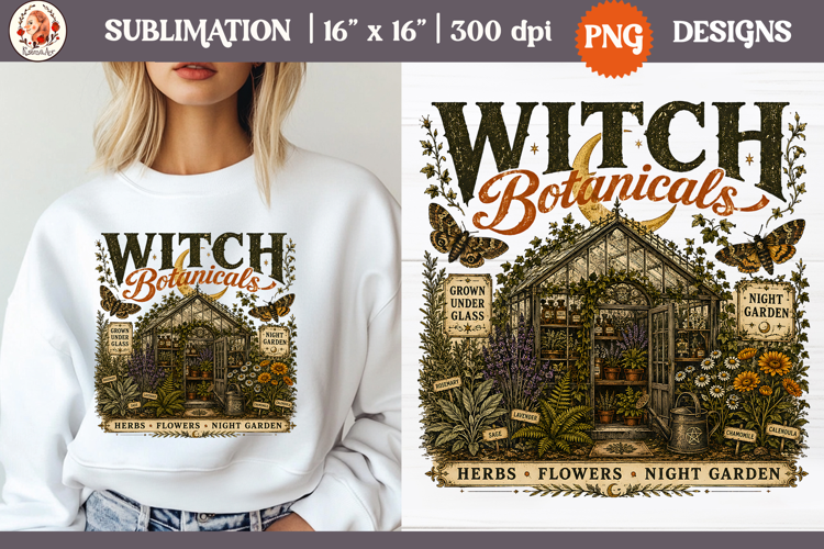Witch Herb Garden| Vintage botanical green witch designs PNG