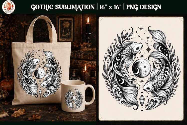 Pisces Zodiac Sign Gothic Twin Fish PNG, Celestial Zodiac example image 1