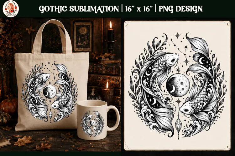 Pisces Zodiac Sign Gothic Twin Fish PNG, Celestial Zodiac