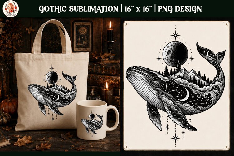 Gothic Celestial Whale PNG Design example image 1