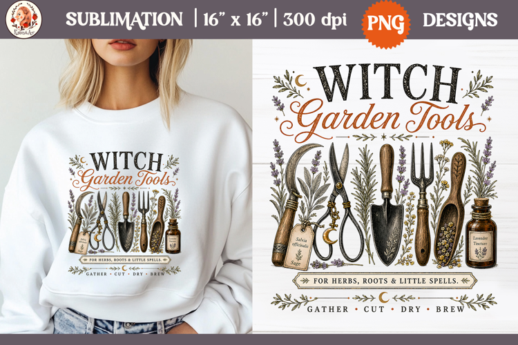 Witch Herb Garden| Vintage botanical green witch designs PNG