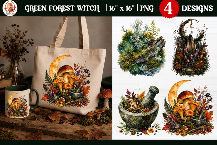 Green Forest Witch mystical autumn watercolor PNG