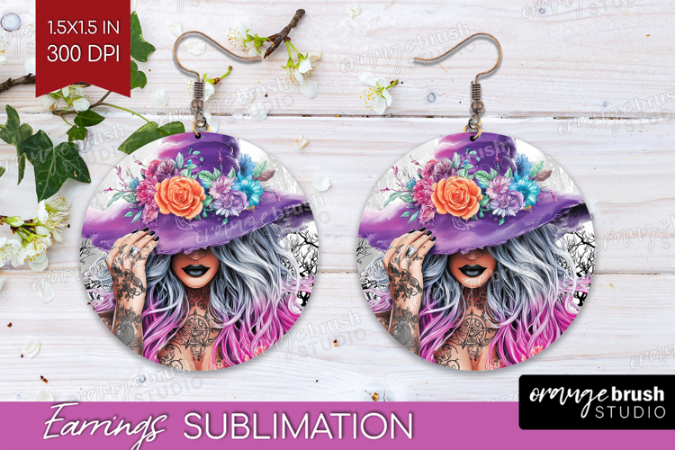 Witch Halloween Round Earrings Spooky Season PNG Sublimation