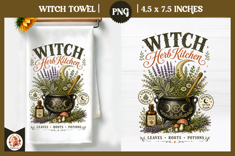Witch Herb Kitchen. Vintage botanical witch design