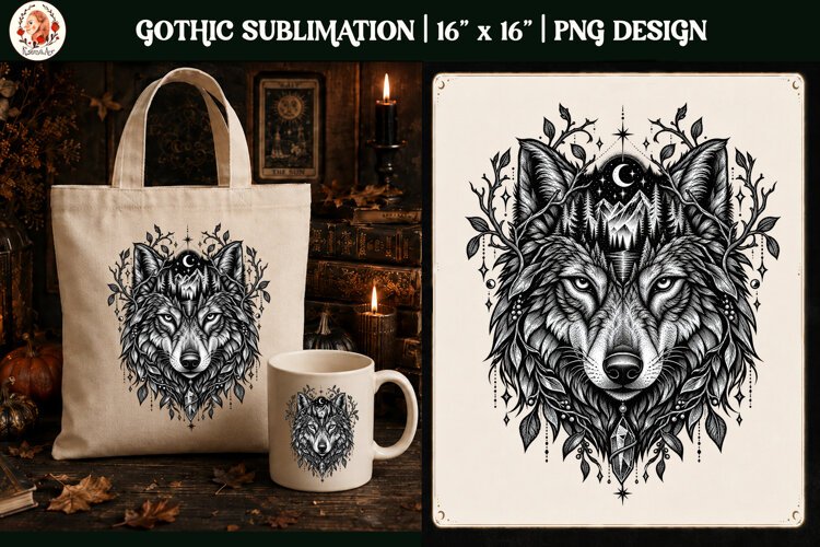 Gothic Celestial Wolf PNG Design.Gothic wolf sublimation PNG example image 1