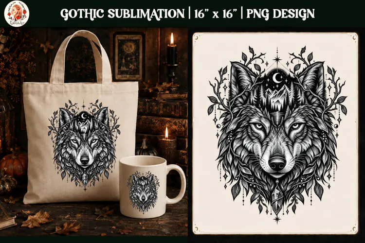 Gothic Celestial Wolf PNG Design.Gothic wolf sublimation PNG