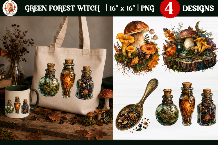 Green Forest Witch mystical autumn watercolor PNG