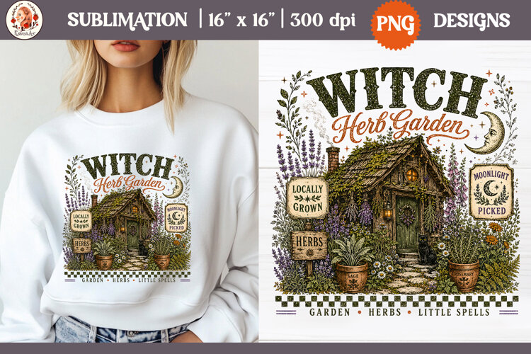 Witch Herb Garden| Vintage botanical green witch designs PNG example image 1