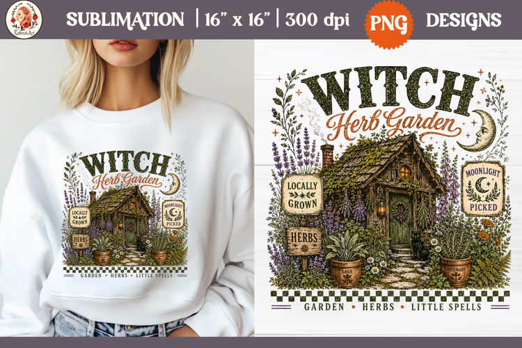Witch Herb Garden| Vintage botanical green witch designs PNG