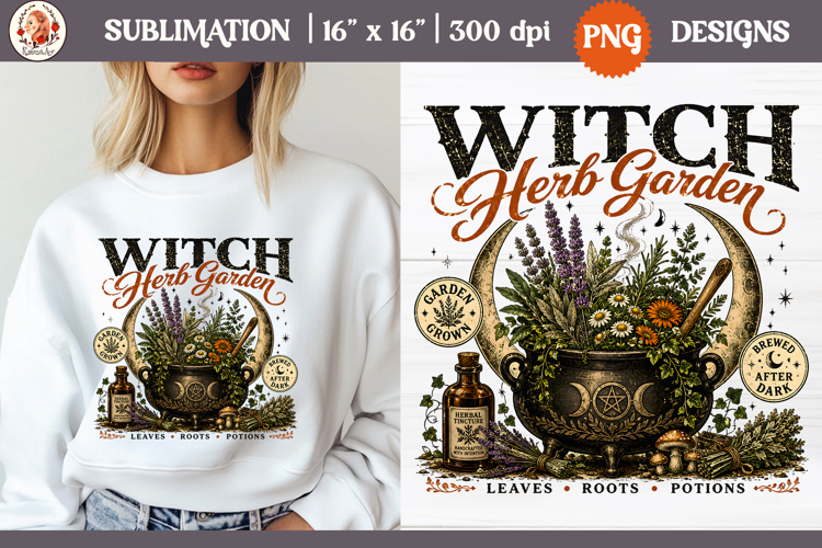 Witch Herb Garden| Vintage botanical green witch designs PNG