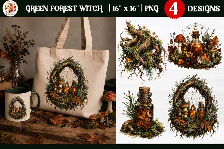 Green Forest Witch mystical autumn watercolor PNG