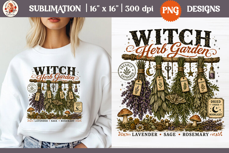 Witch Herb Garden| Vintage botanical green witch designs PNG example image 1