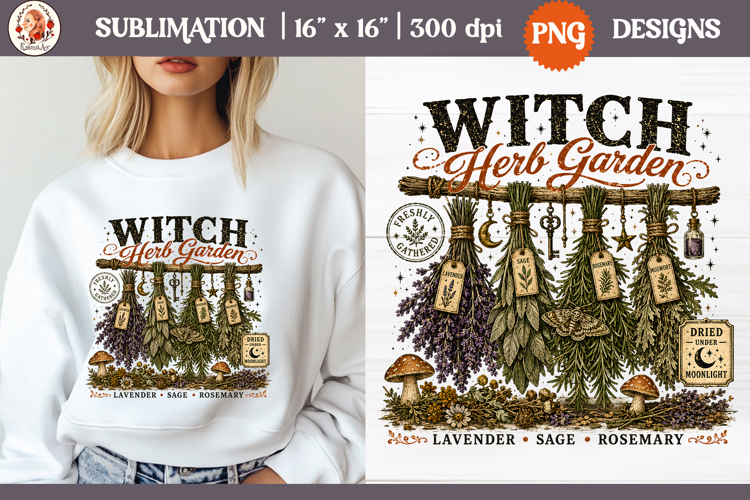 Witch Herb Garden| Vintage botanical green witch designs PNG