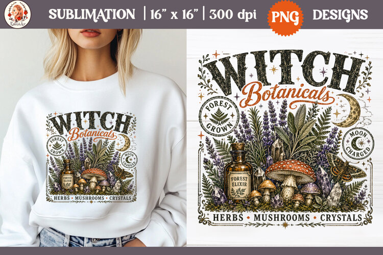 Witch Herb Garden| Vintage botanical green witch designs PNG example image 1