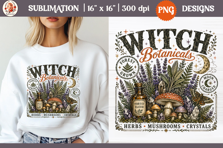 Witch Herb Garden| Vintage botanical green witch designs PNG