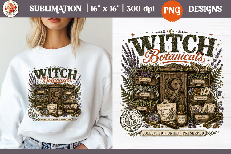 Witch Herb Garden| Vintage botanical green witch designs PNG example image 1