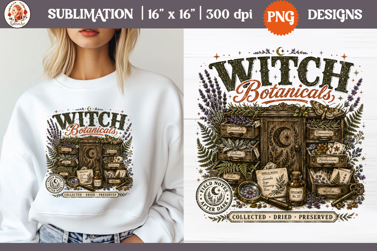 Witch Herb Garden| Vintage botanical green witch designs PNG