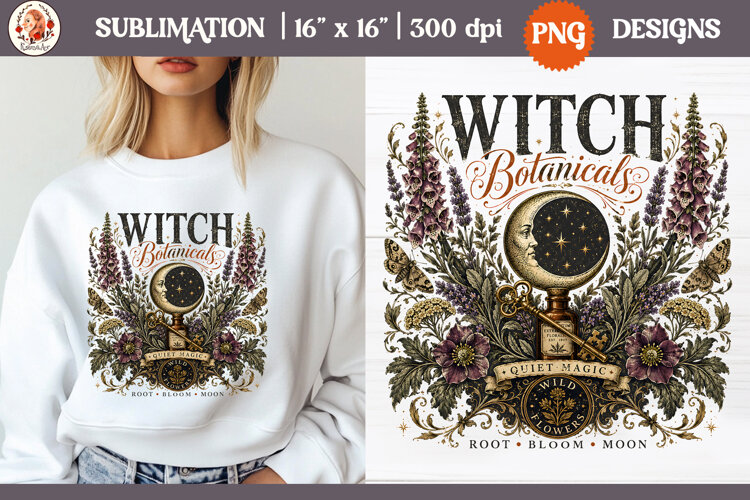 Witch Herb Garden| Vintage botanical green witch designs PNG example image 1