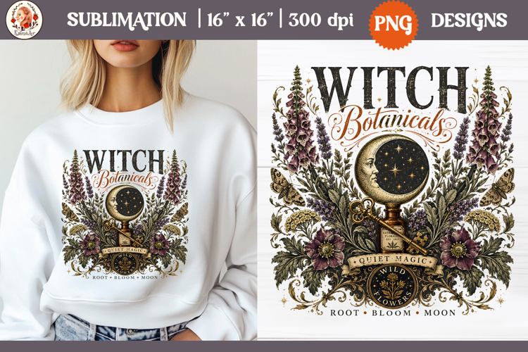 Witch Herb Garden| Vintage botanical green witch designs PNG