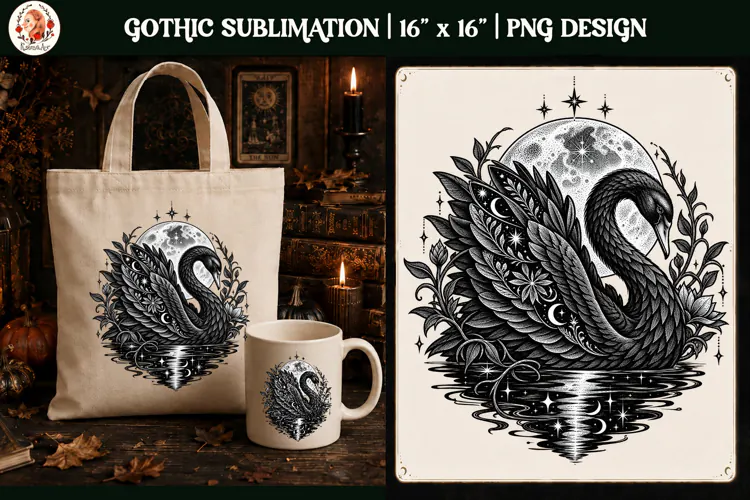 Gothic Celestial Black Swan PNG Design