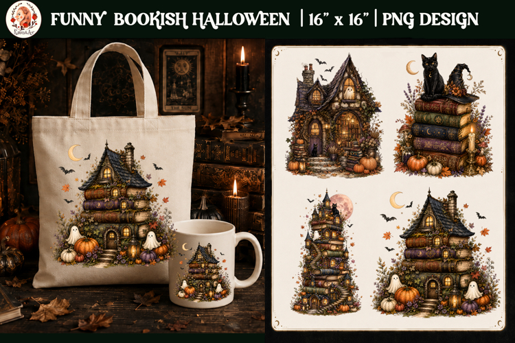 Funny Bookish Halloween whimsical haunted book cottage