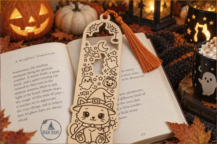 Witch Cat Halloween Bookmark SVG Laser cut design