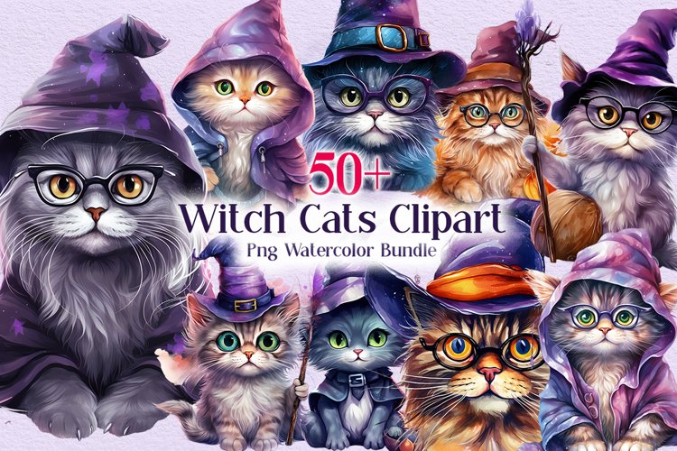 Witch Cats Clipart PNG Watercolor Bundle