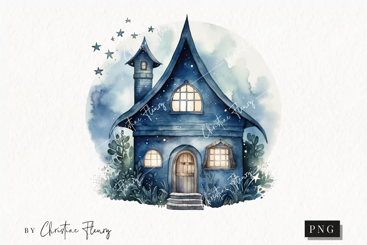 Blue Watercolor Witch Cottage Clipart | Watercolor Halloween