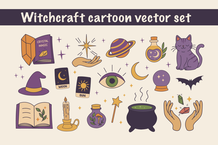 Cozy Witchy Clipart Cute Magic Cat, Crystals, Spell Books