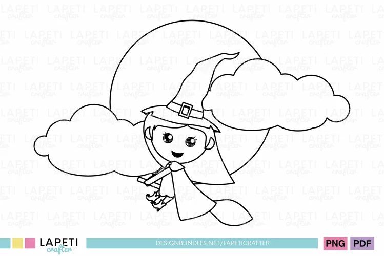 Witch digital stamp, Halloween png clipart for coloring