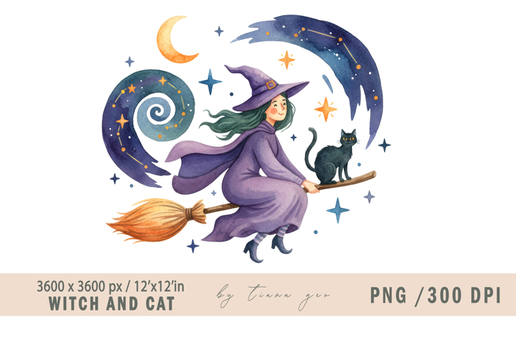 Cute Watercolor Witch with Cat - Halloween Png