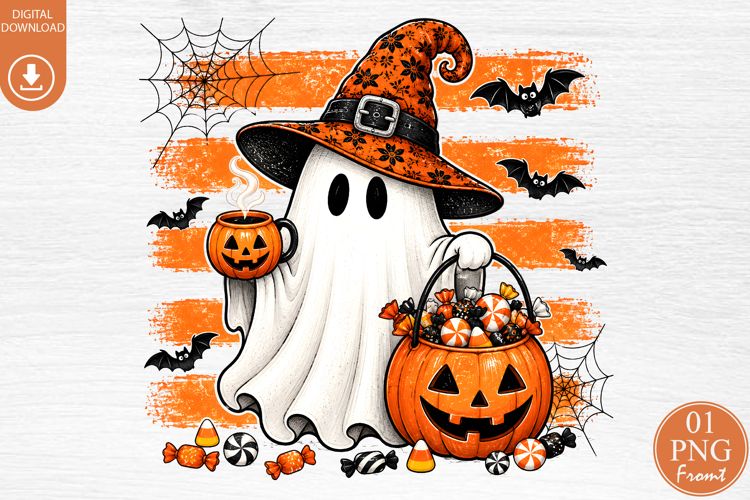 Witch Ghost Sublimation PNG, Halloween Coffee Pumpkin