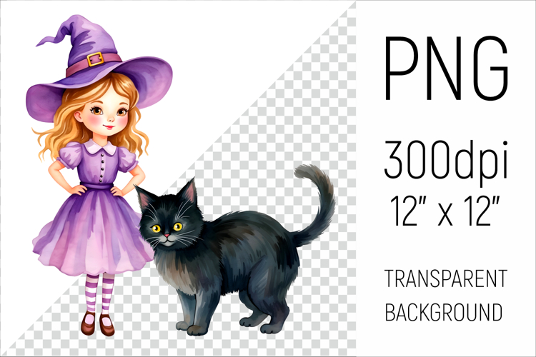 Witch Girl with Black Cat | Halloween Watercolor Clipart