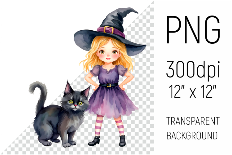 Witch Girl with Black Cat | Halloween Watercolor Clipart
