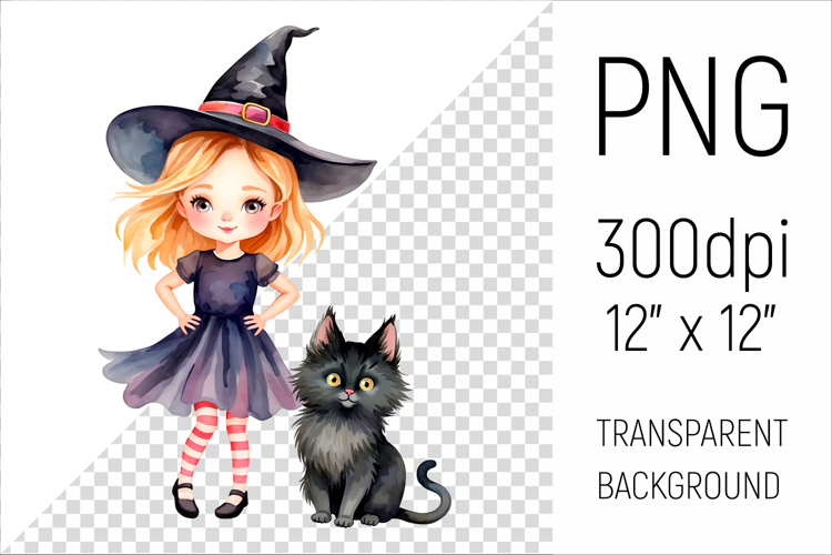Witch Girl with Black Cat | Halloween Watercolor Clipart