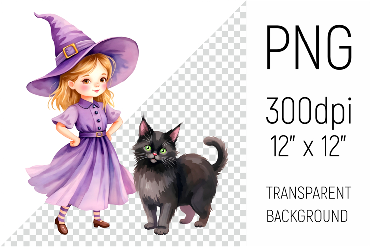 Witch Girl with Black Cat | Halloween Watercolor Clipart
