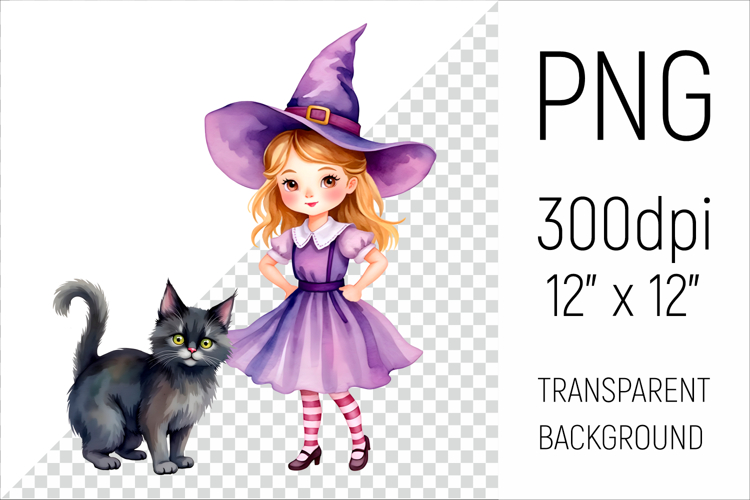 Witch Girl with Black Cat | Halloween Watercolor Clipart
