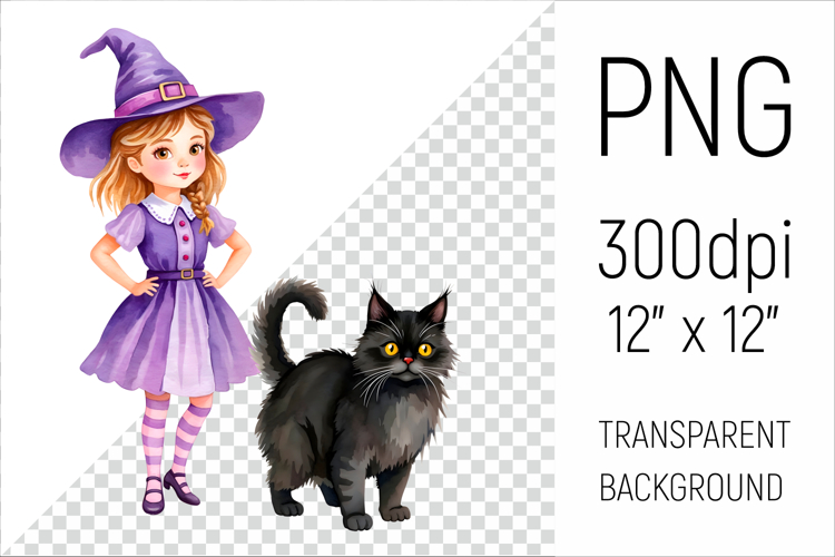 Witch Girl with Black Cat | Halloween Watercolor Clipart
