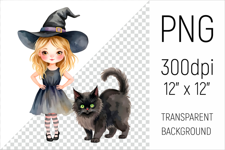 Witch Girl with Black Cat | Halloween Watercolor Clipart