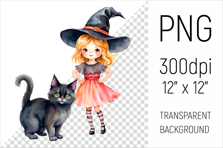 Witch Girl with Black Cat | Halloween Watercolor Clipart