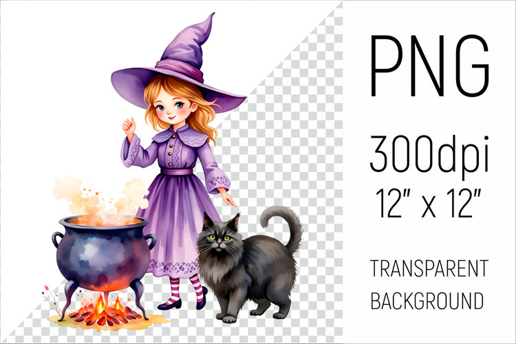 Halloween Witch with Cauldron and Black Cat
