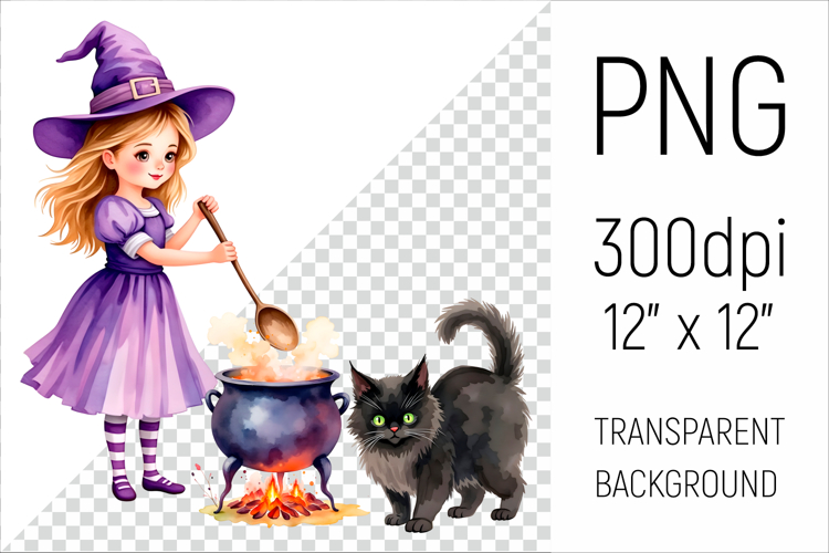 Halloween Witch with Cauldron and Black Cat